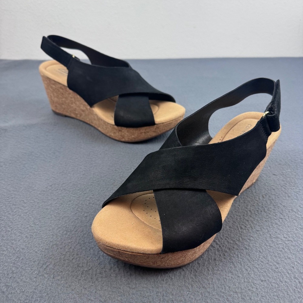Clarks Annandel Eirwyn Wedge Sandals Womens 9 Black Leather Cork Platform Sling